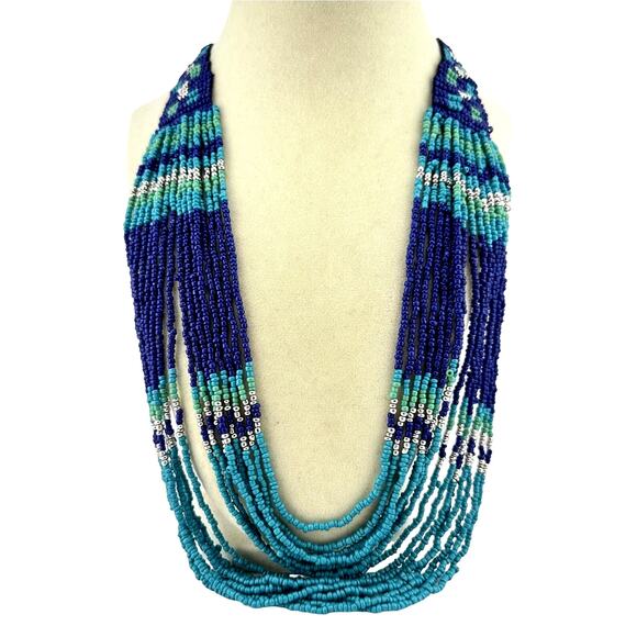 Unbranded Jewelry - Boho Blue Teal Green Woven Beads Draped Multistrand Silver Tone 25” Necklace